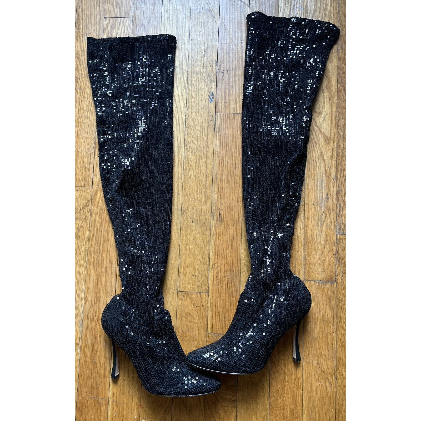 Manolo Blahnik Sequined Pascalare Over The Knee Boots Black Women Size 36